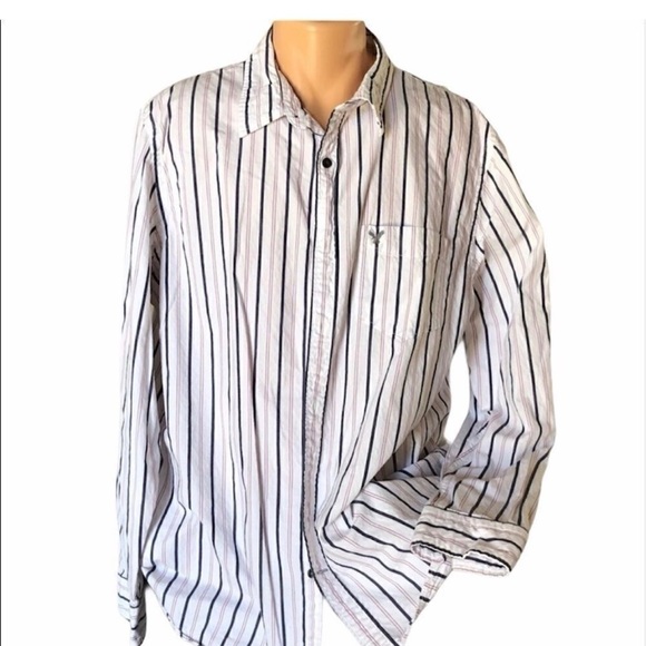 American Eagle Outfitters Men's White and Black Striped Shirt - Picture 2 of 8